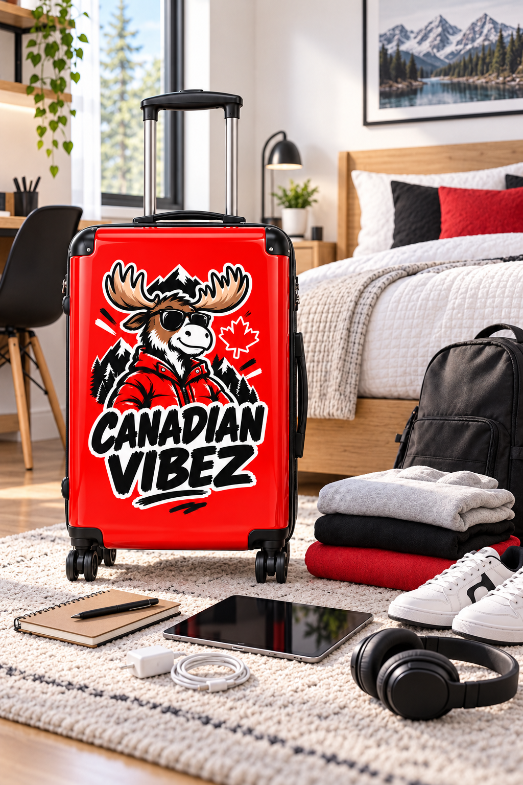 Canadian Vibez Moose Suitcase | Red Travel Luggage, Maple Leaf Design