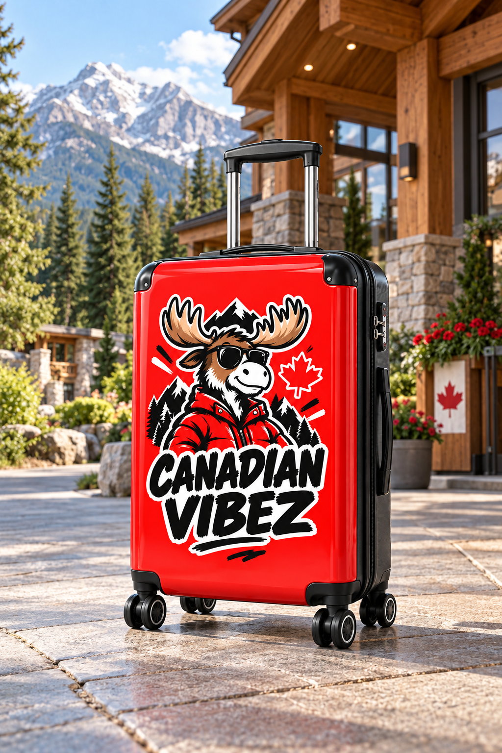 Canadian Vibez Moose Suitcase | Red Travel Luggage, Maple Leaf Design