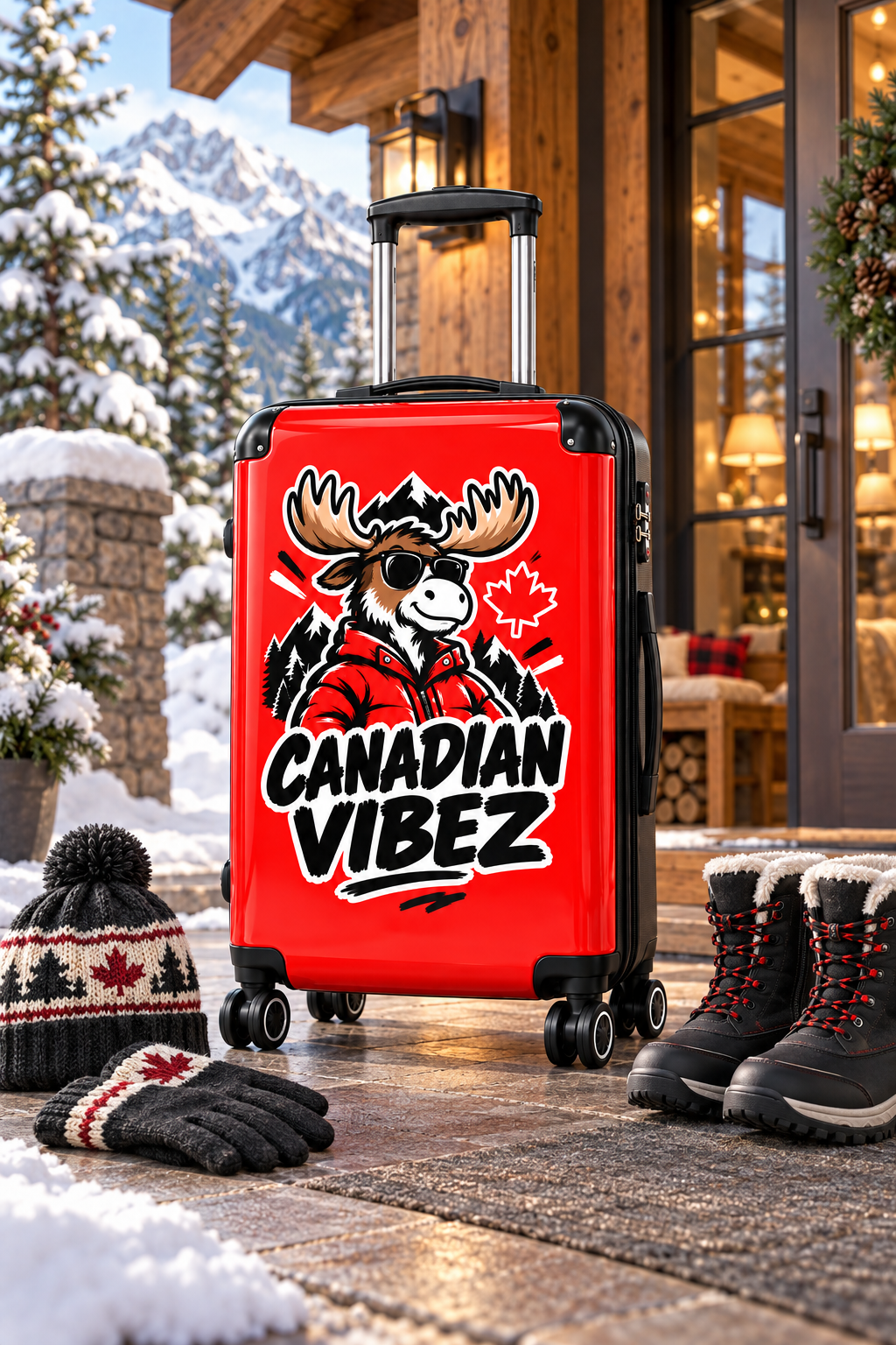 Canadian Vibez Moose Suitcase | Red Travel Luggage, Maple Leaf Design