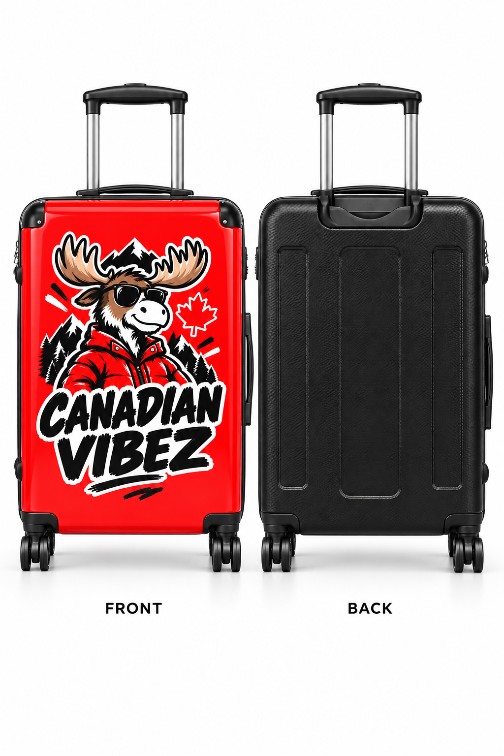 Canadian Vibez Moose Suitcase | Red Travel Luggage, Maple Leaf Design