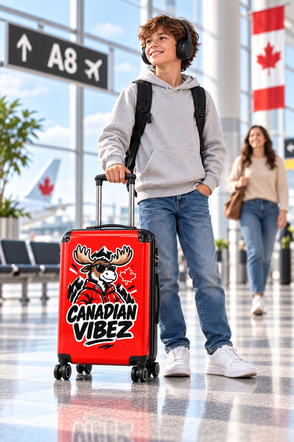 Canadian Vibez Moose Suitcase | Red Travel Luggage, Maple Leaf Design