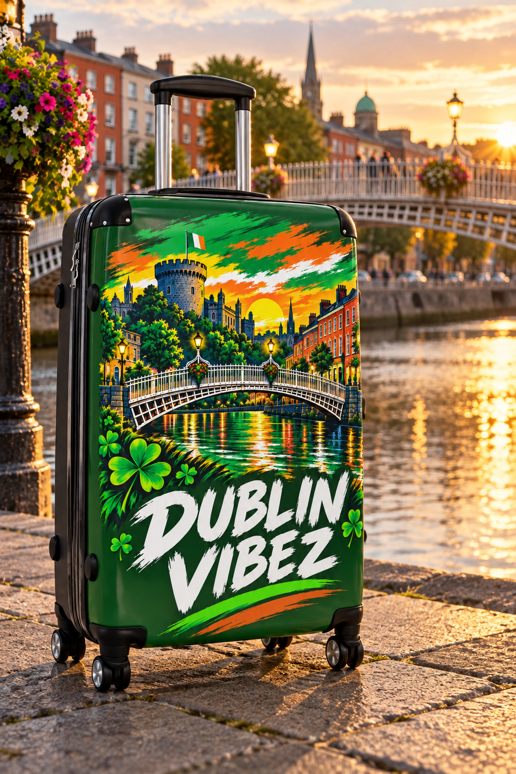 Dublin Vibez Suitcase | Irish Cityscape Luggage, Shamrock Travel Case