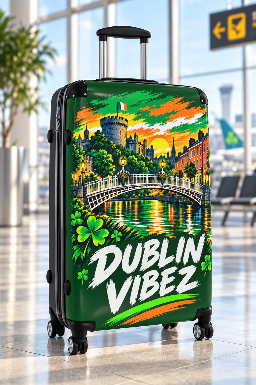 Dublin Vibez Suitcase | Irish Cityscape Luggage, Shamrock Travel Case