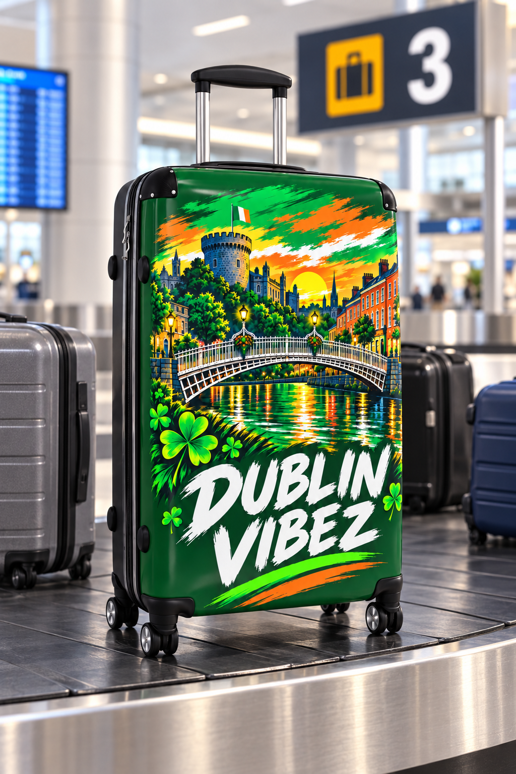 Dublin Vibez Suitcase | Irish Cityscape Luggage, Shamrock Travel Case