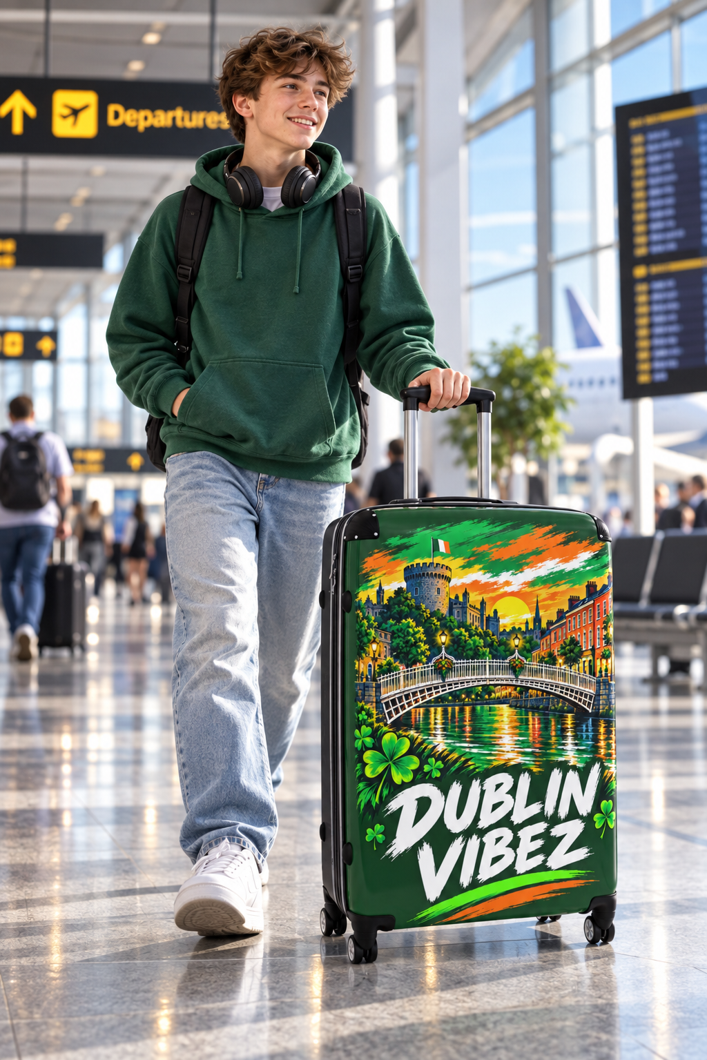 Dublin Vibez Suitcase | Irish Cityscape Luggage, Shamrock Travel Case