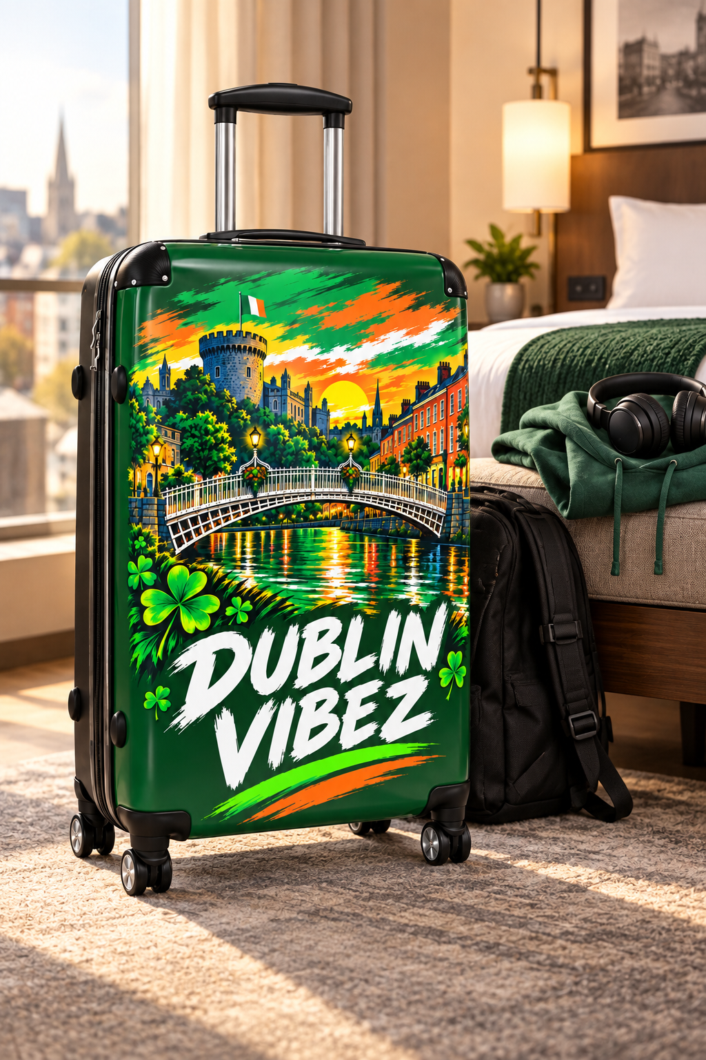 Dublin Vibez Suitcase | Irish Cityscape Luggage, Shamrock Travel Case