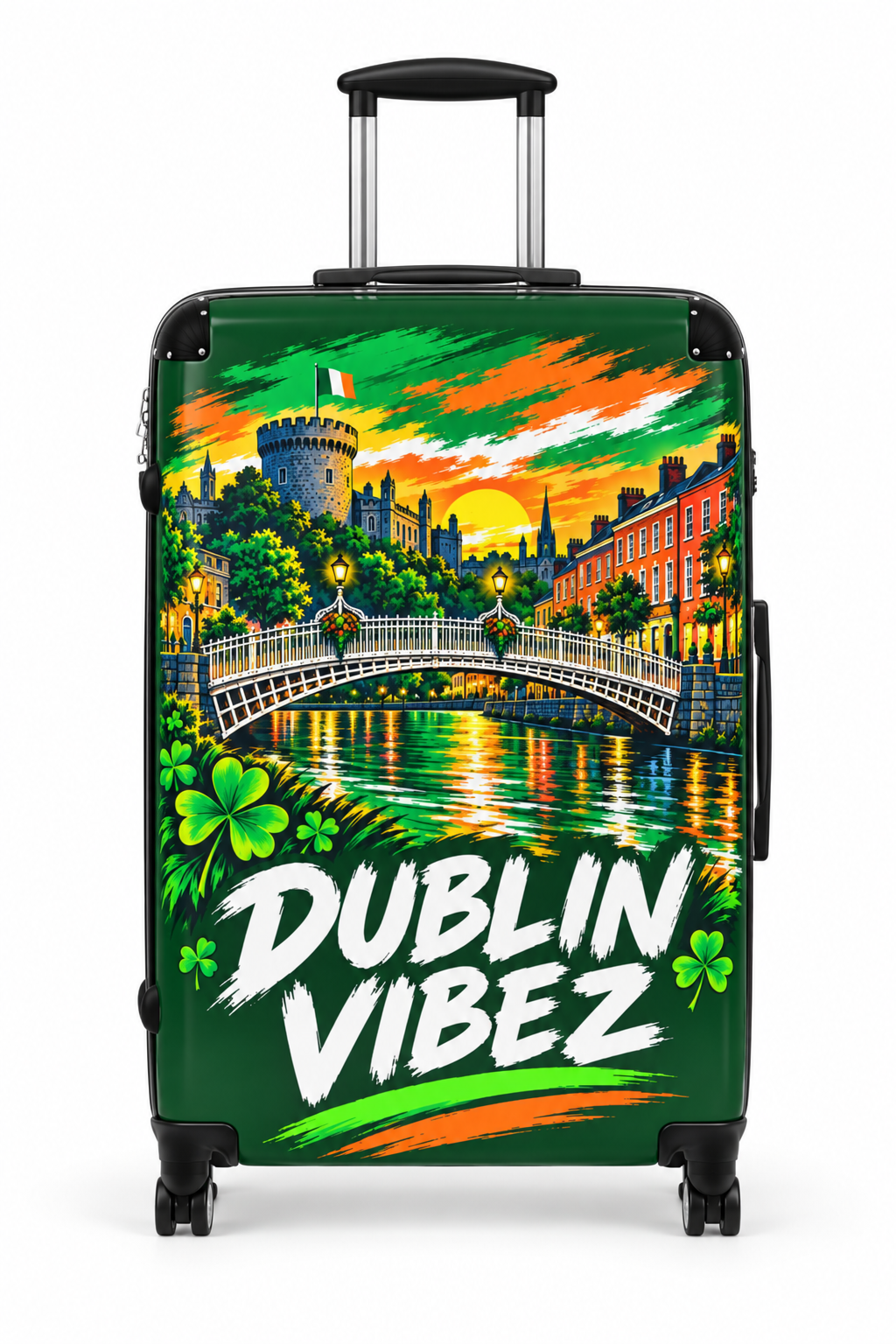 Dublin Vibez Suitcase | Irish Cityscape Luggage, Shamrock Travel Case