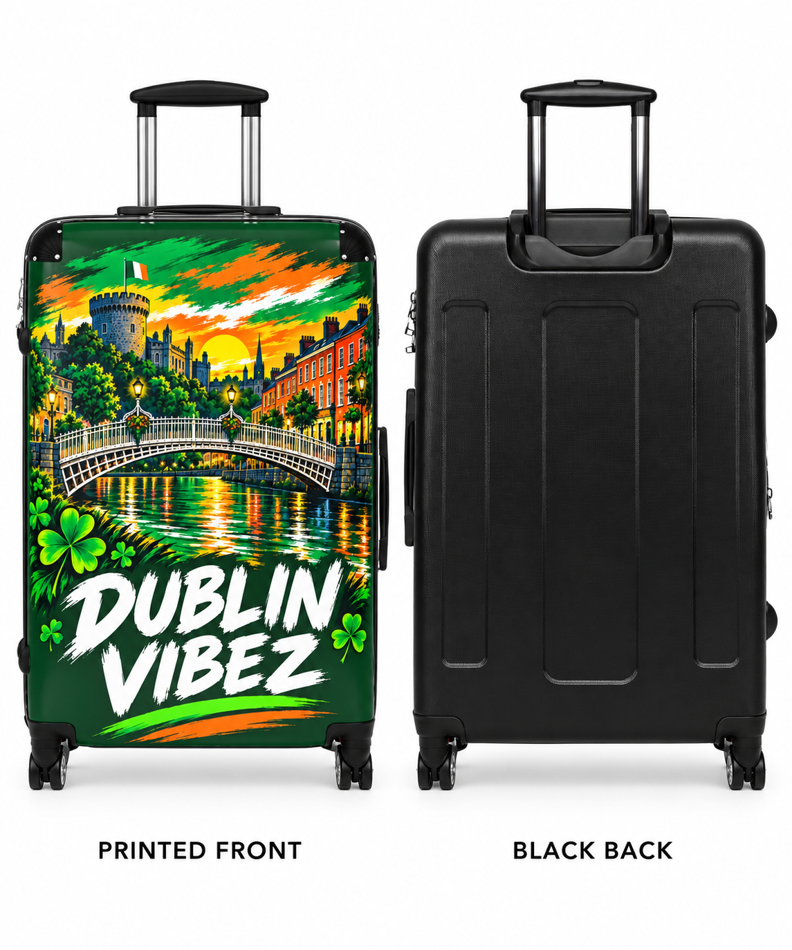 Dublin Vibez Suitcase | Irish Cityscape Luggage, Shamrock Travel Case
