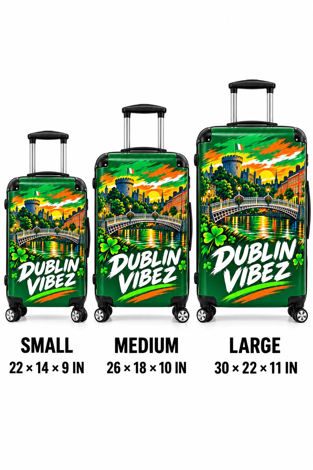 Dublin Vibez Suitcase | Irish Cityscape Luggage, Shamrock Travel Case