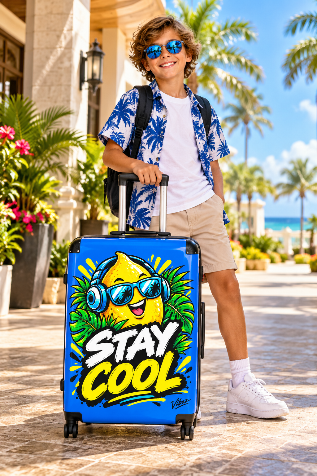 Stay Cool Lemon Character suitcase | Hard Shell Carry-On, Bright Tropical Design