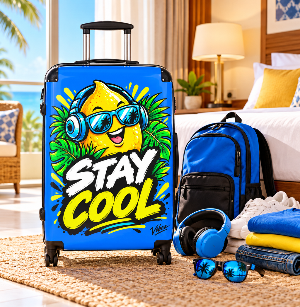 Stay Cool Lemon Character suitcase | Hard Shell Carry-On, Bright Tropical Design