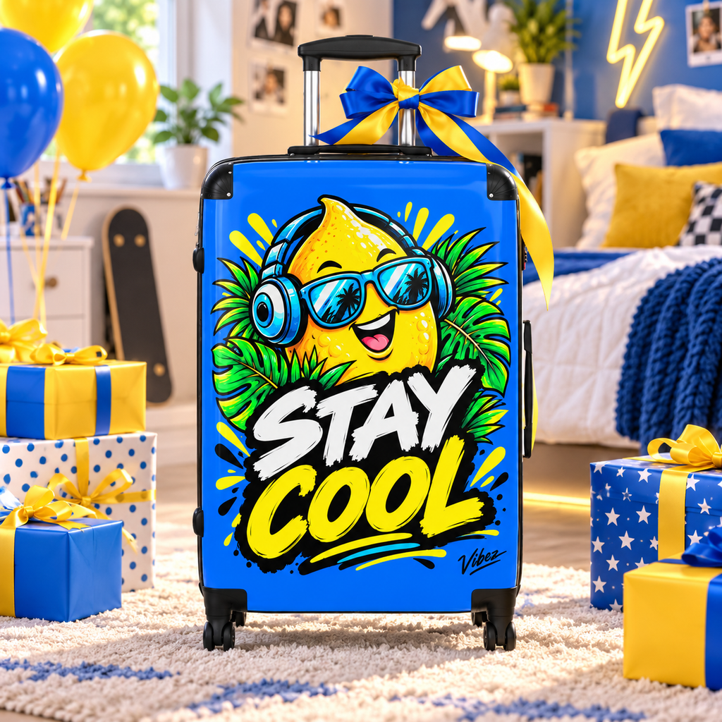Stay Cool Lemon Character suitcase | Hard Shell Carry-On, Bright Tropical Design