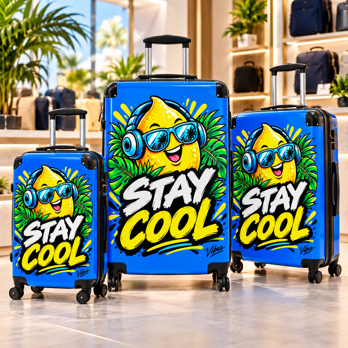 Stay Cool Lemon Character suitcase | Hard Shell Carry-On, Bright Tropical Design