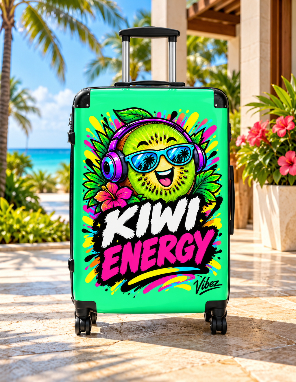 Kiwi Energy graphic Suitcase | Bright tropical kiwi design, carry-on luggage