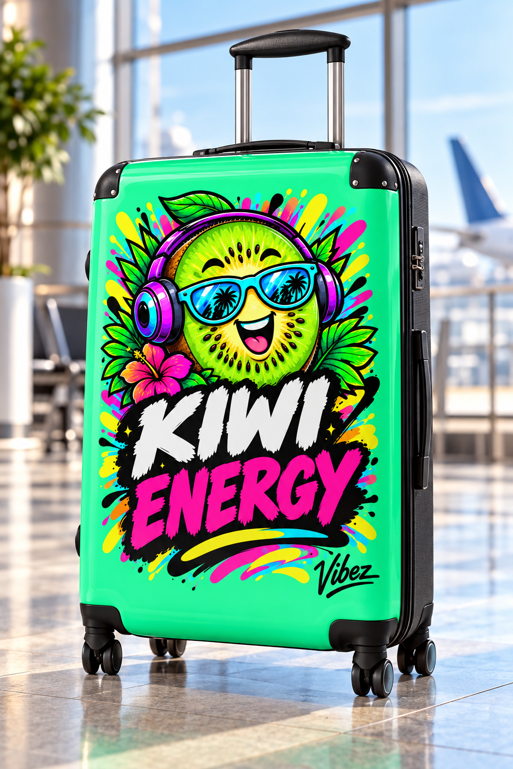 Kiwi Energy graphic Suitcase | Bright tropical kiwi design, carry-on luggage