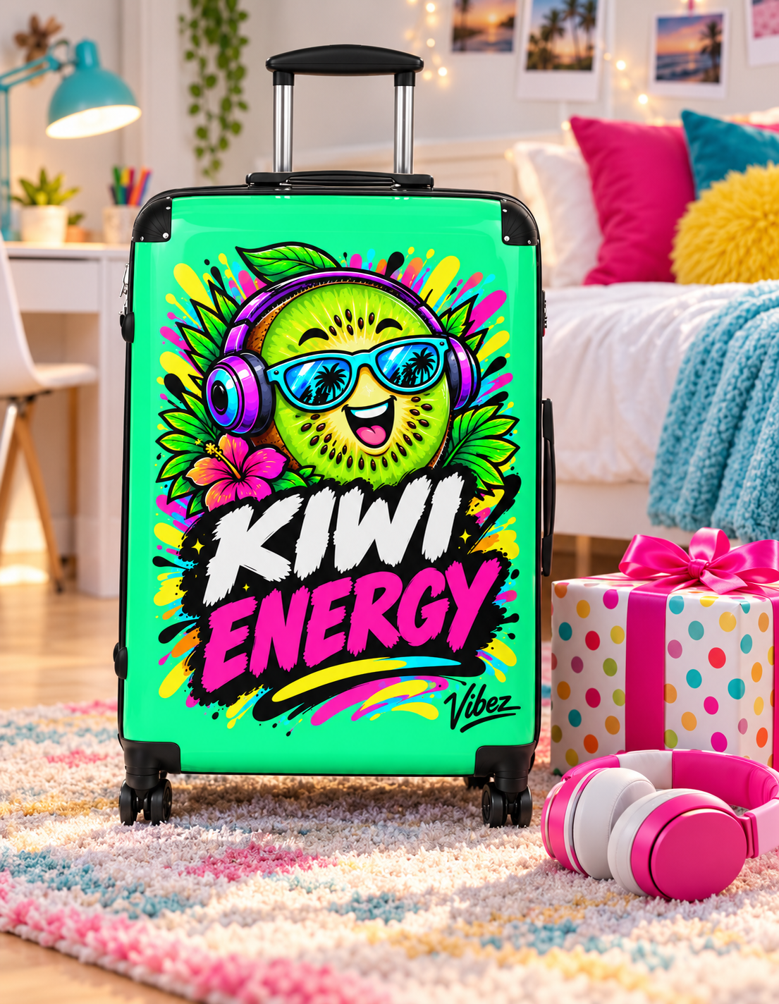 Kiwi Energy graphic Suitcase | Bright tropical kiwi design, carry-on luggage