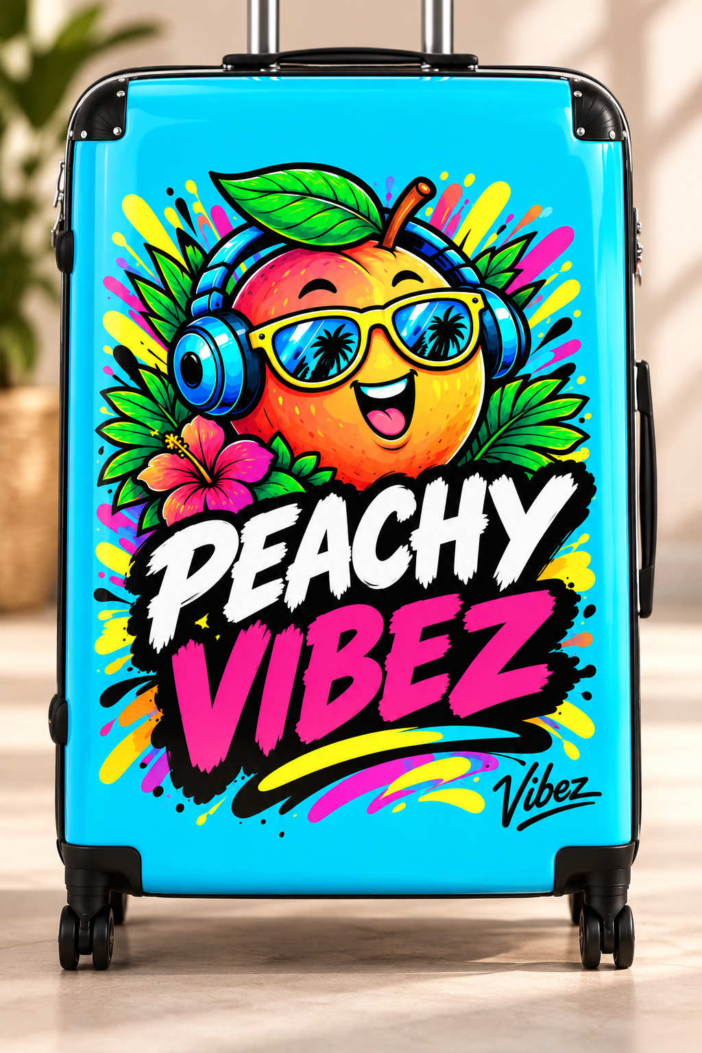 Peachy Vibez Suitcase | Colorful Cartoon Peach Graphic Travel Luggage