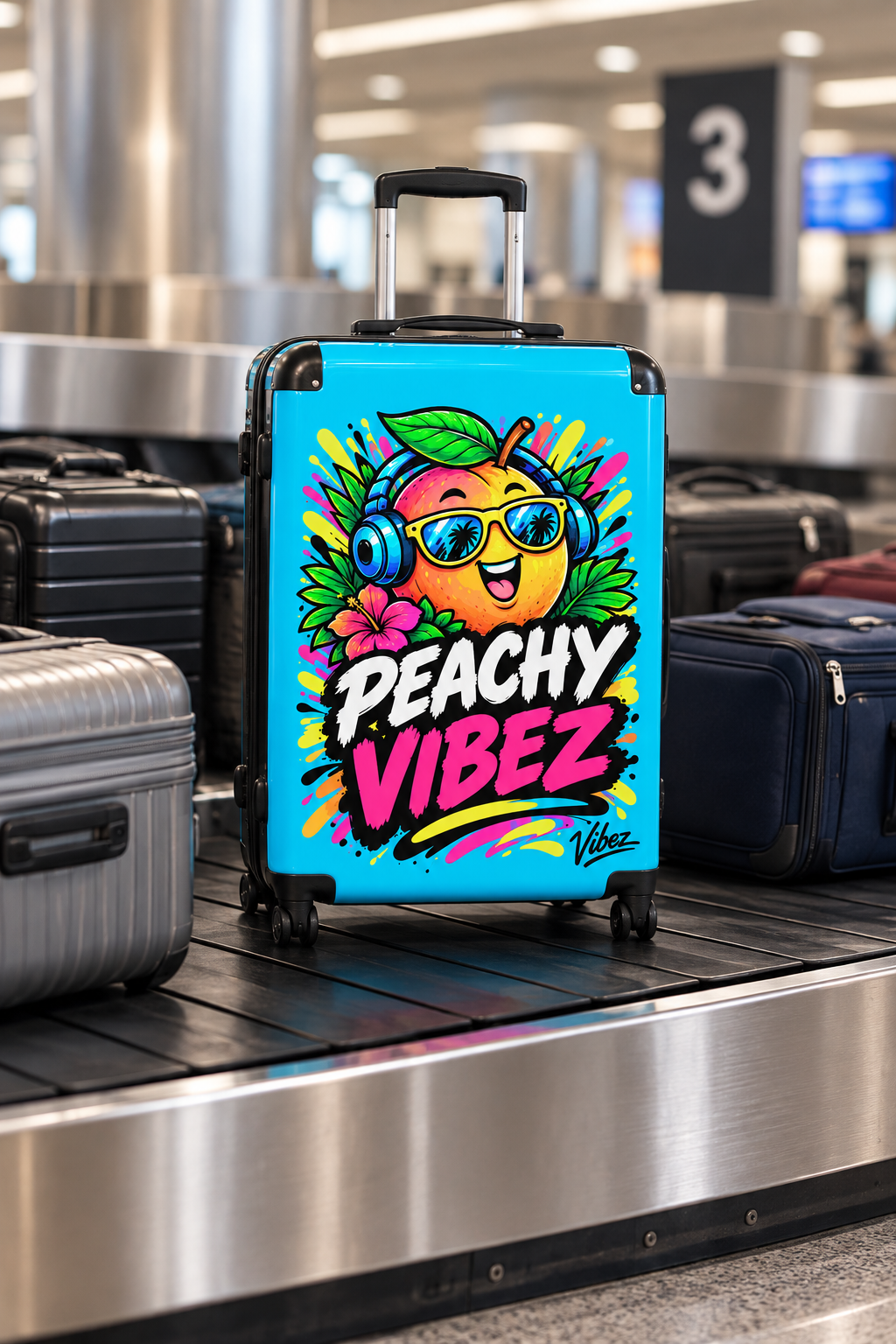 Peachy Vibez Suitcase | Colorful Cartoon Peach Graphic Travel Luggage