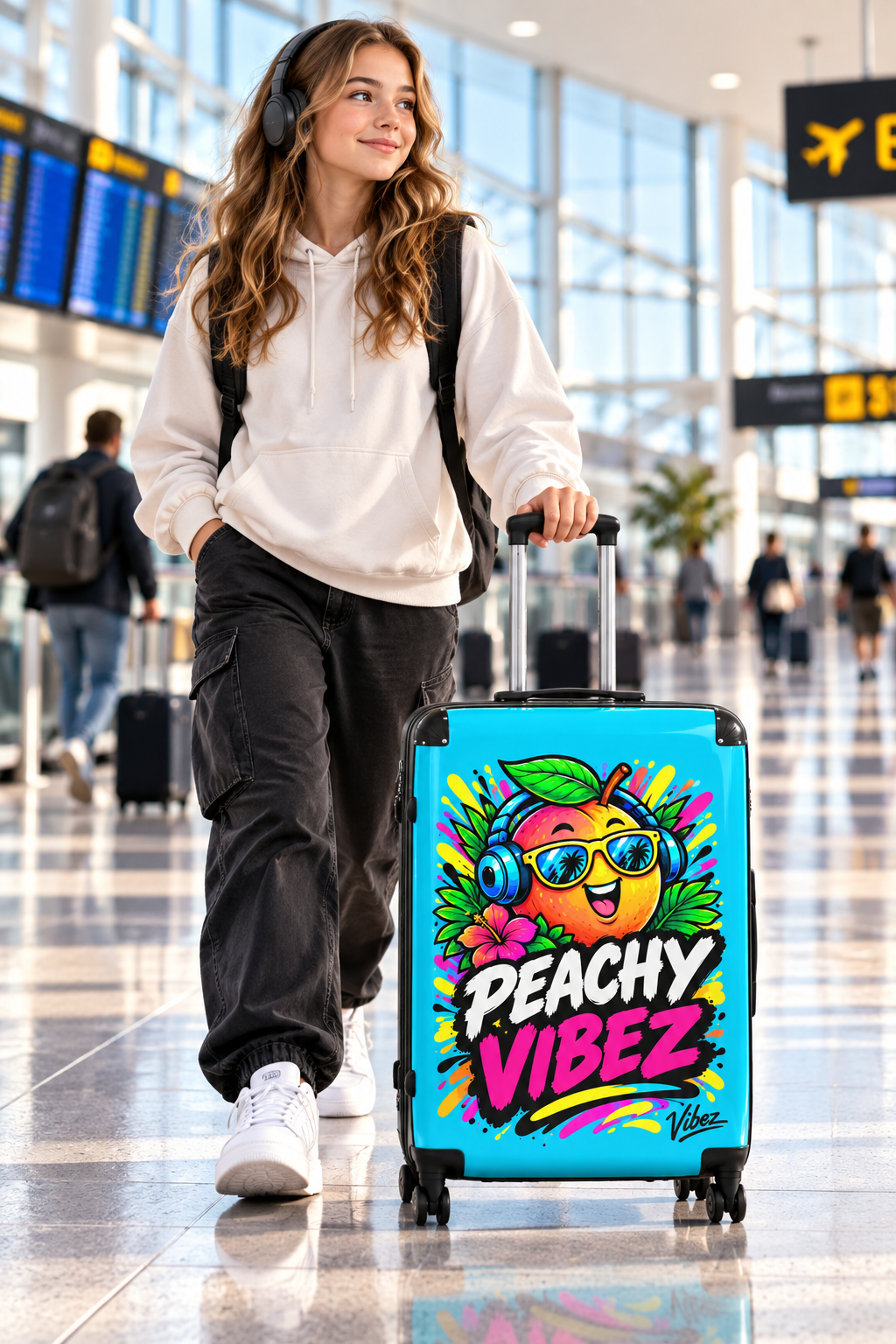 Peachy Vibez Suitcase | Colorful Cartoon Peach Graphic Travel Luggage