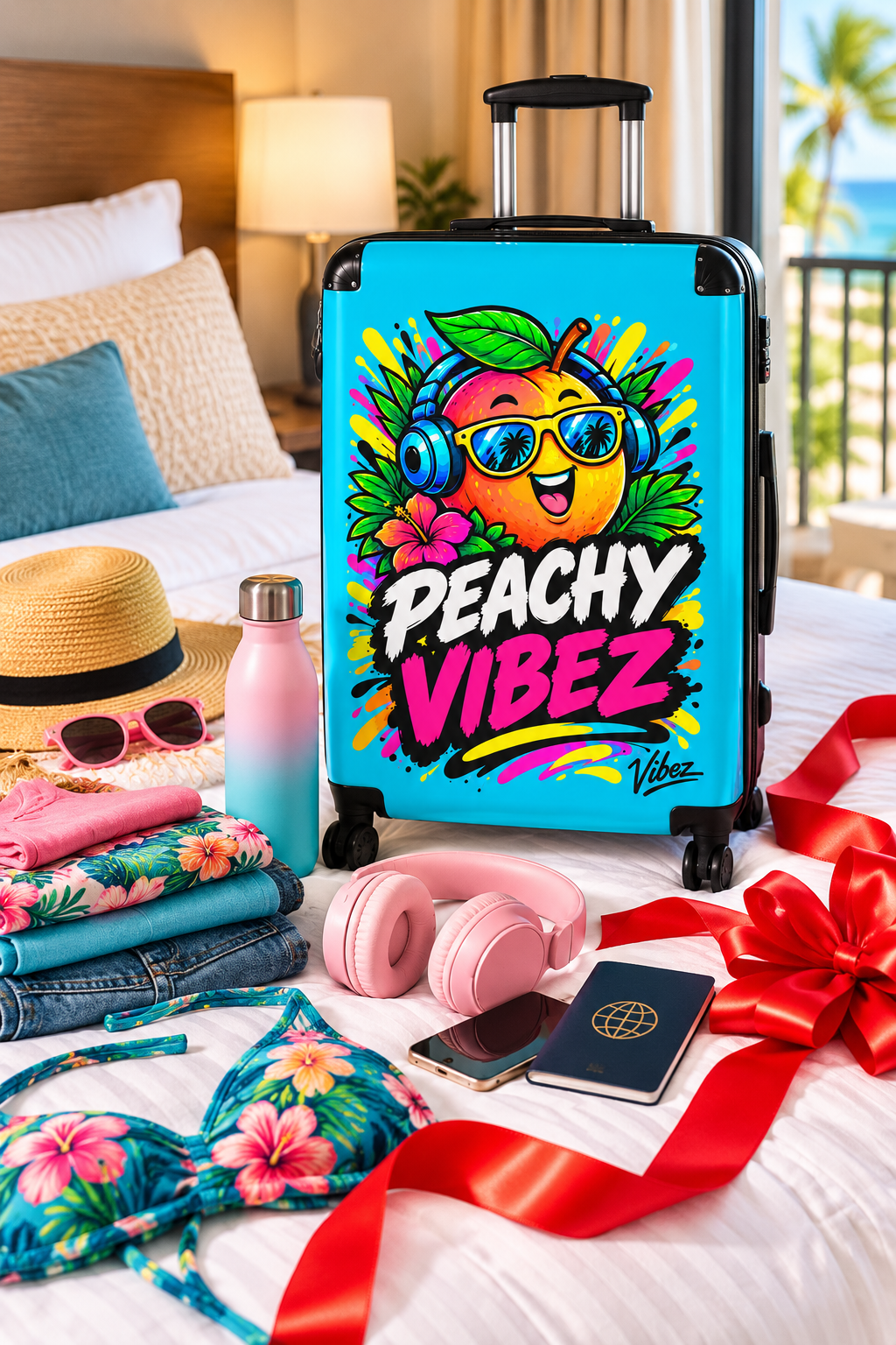 Peachy Vibez Suitcase | Colorful Cartoon Peach Graphic Travel Luggage