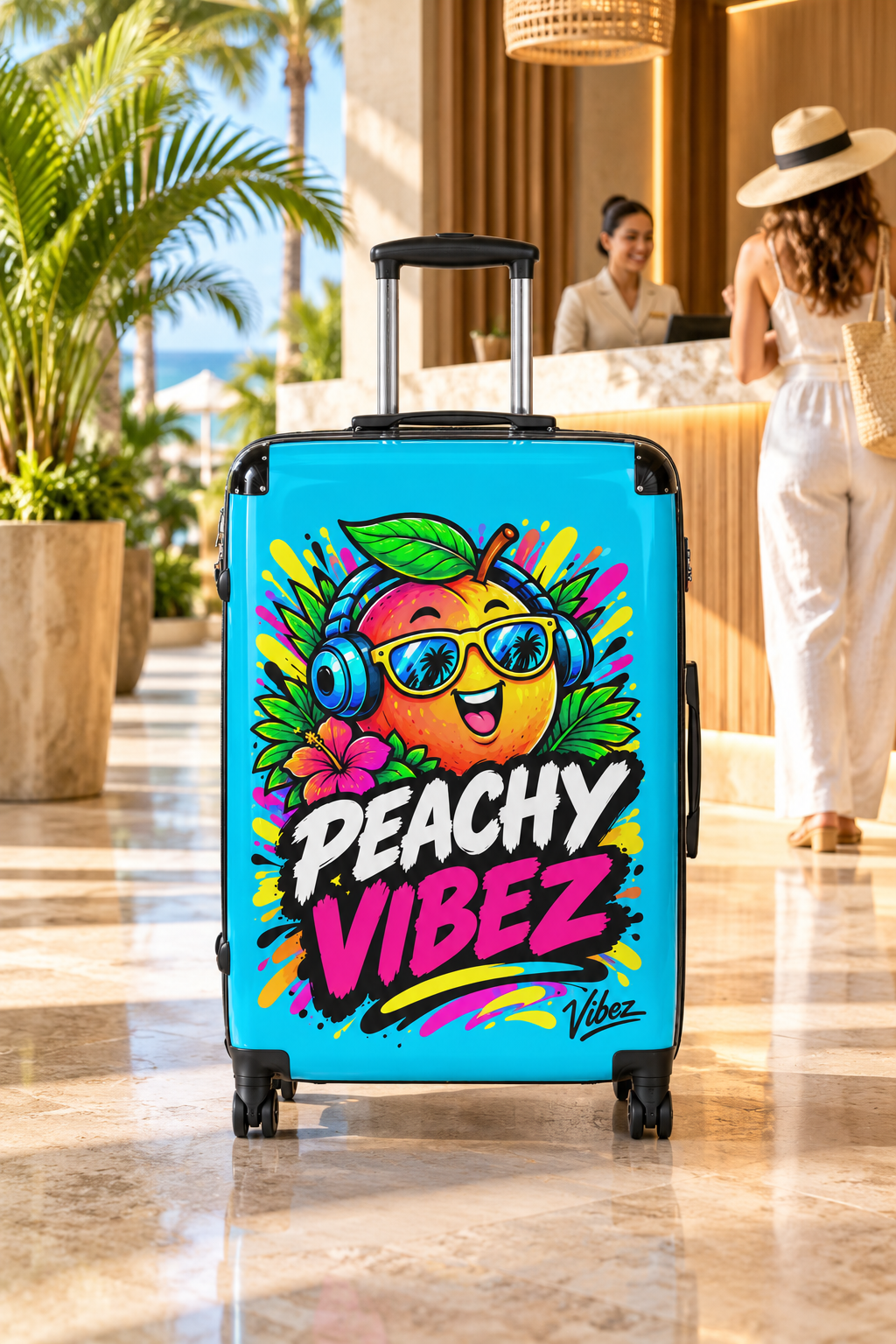 Peachy Vibez Suitcase | Colorful Cartoon Peach Graphic Travel Luggage