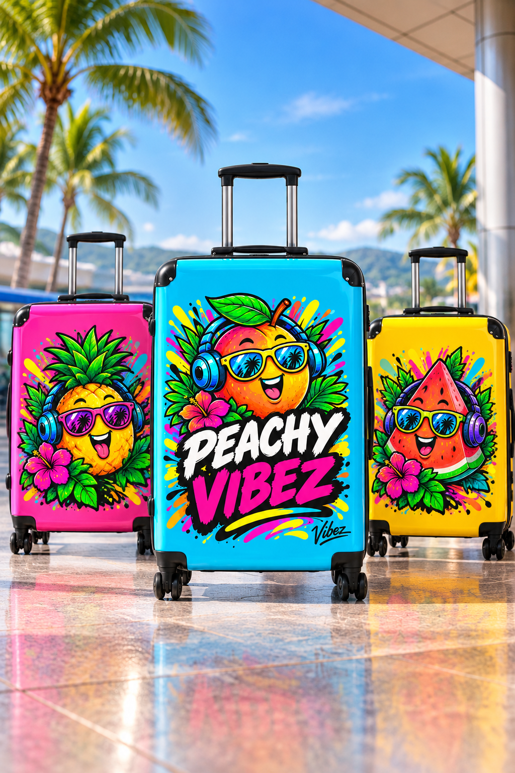 Peachy Vibez Suitcase | Colorful Cartoon Peach Graphic Travel Luggage