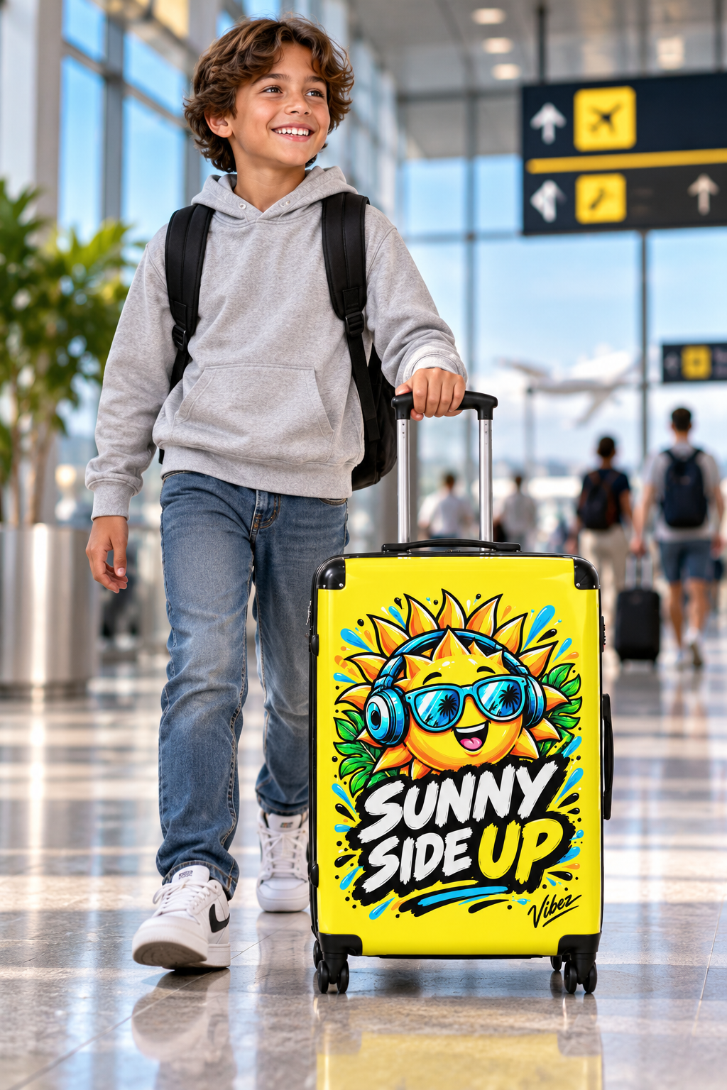 Sunny Side Up Sun Character Suitcase | Bright Yellow Travel Luggage