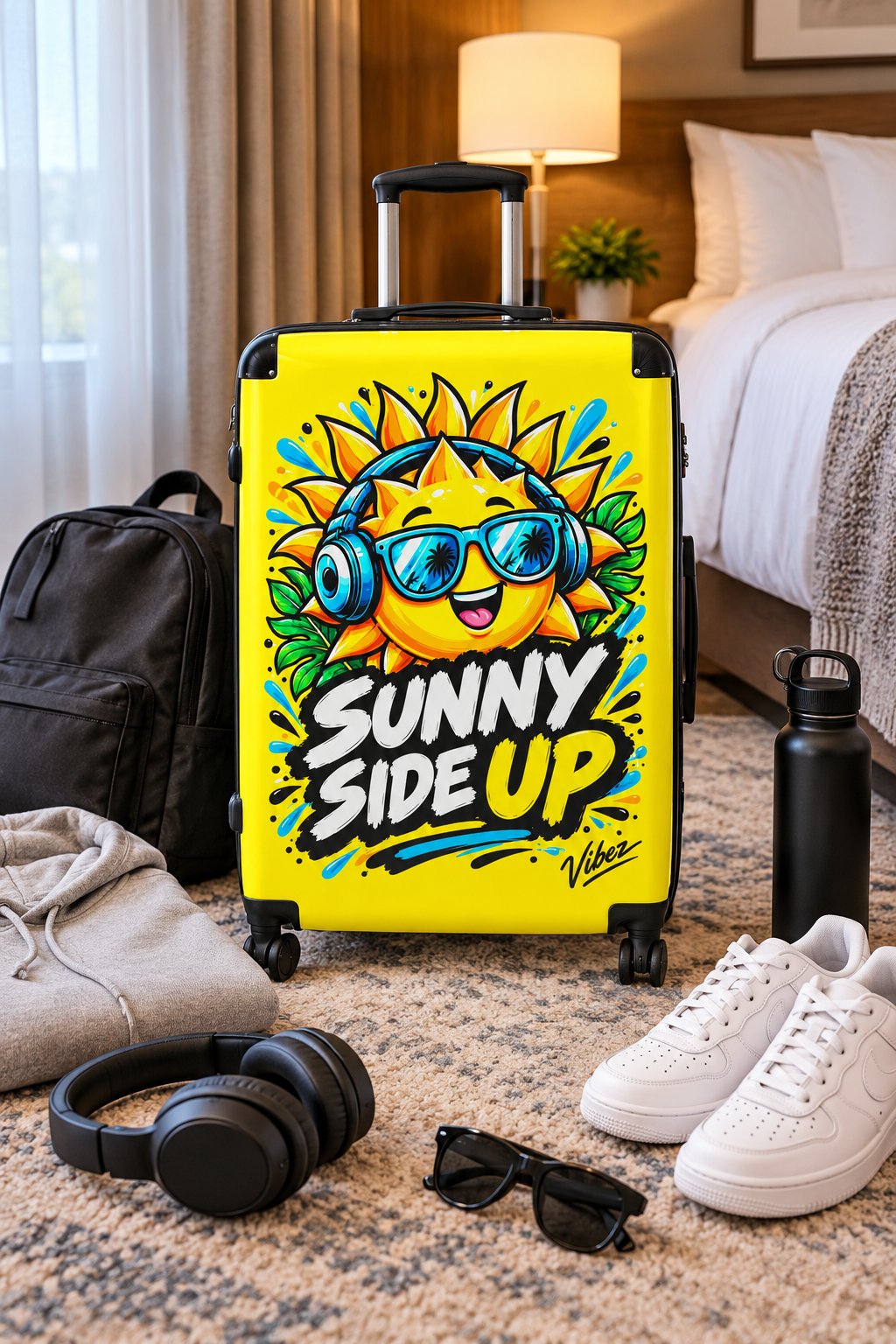 Sunny Side Up Sun Character Suitcase | Bright Yellow Travel Luggage