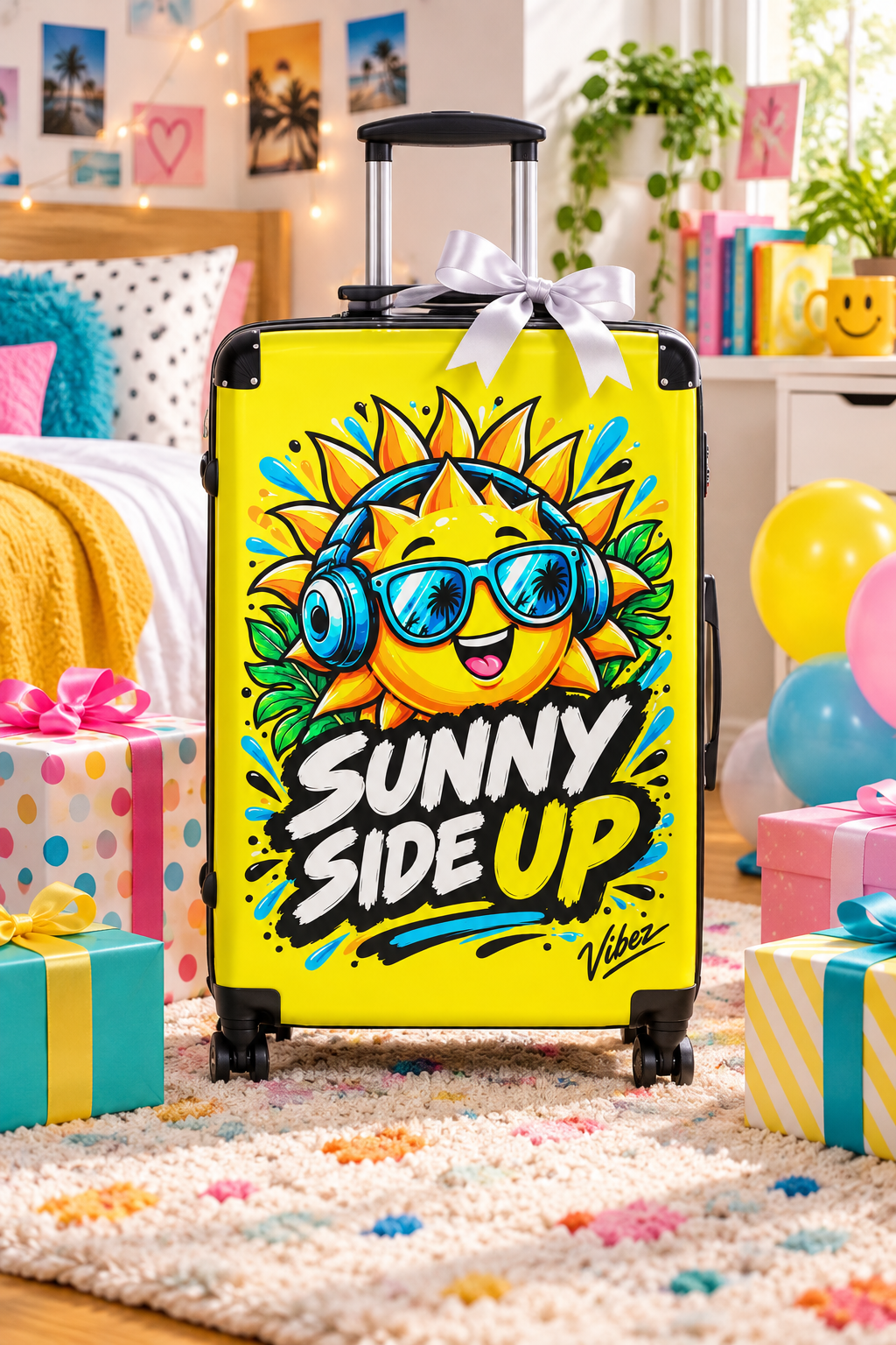 Sunny Side Up Sun Character Suitcase | Bright Yellow Travel Luggage