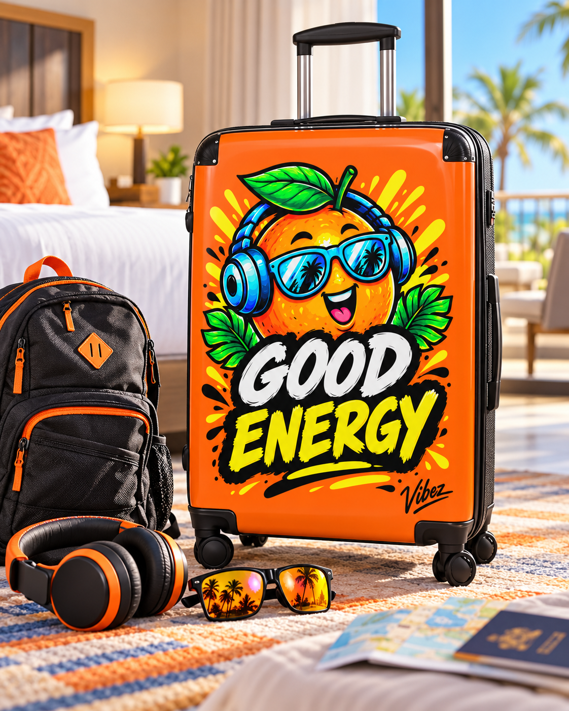 Good Energy Orange Character Suitcase | Bright Travel Luggage