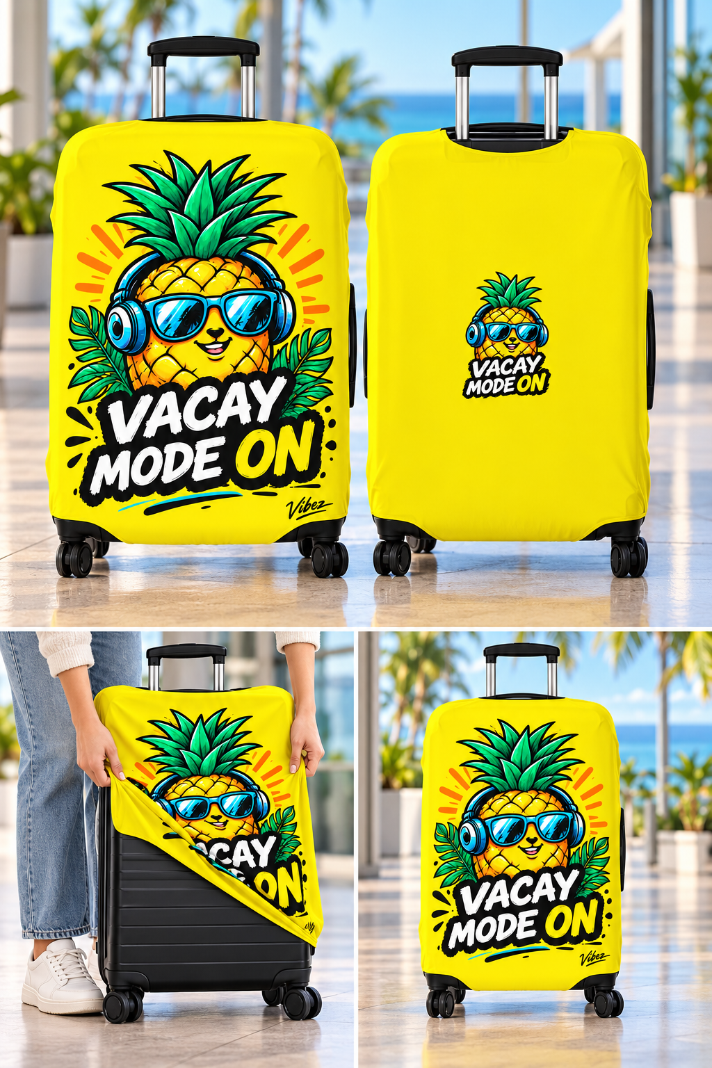 Pineapple "Vacay Mode On" Luggage Cover | Bright Yellow Suitcase Protector