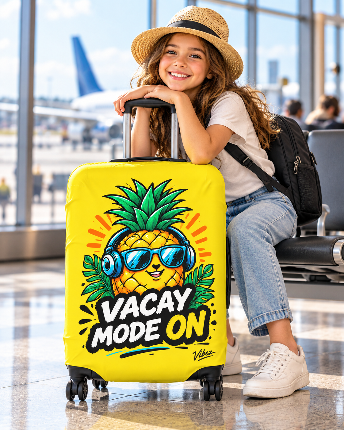 Pineapple "Vacay Mode On" Luggage Cover | Bright Yellow Suitcase Protector
