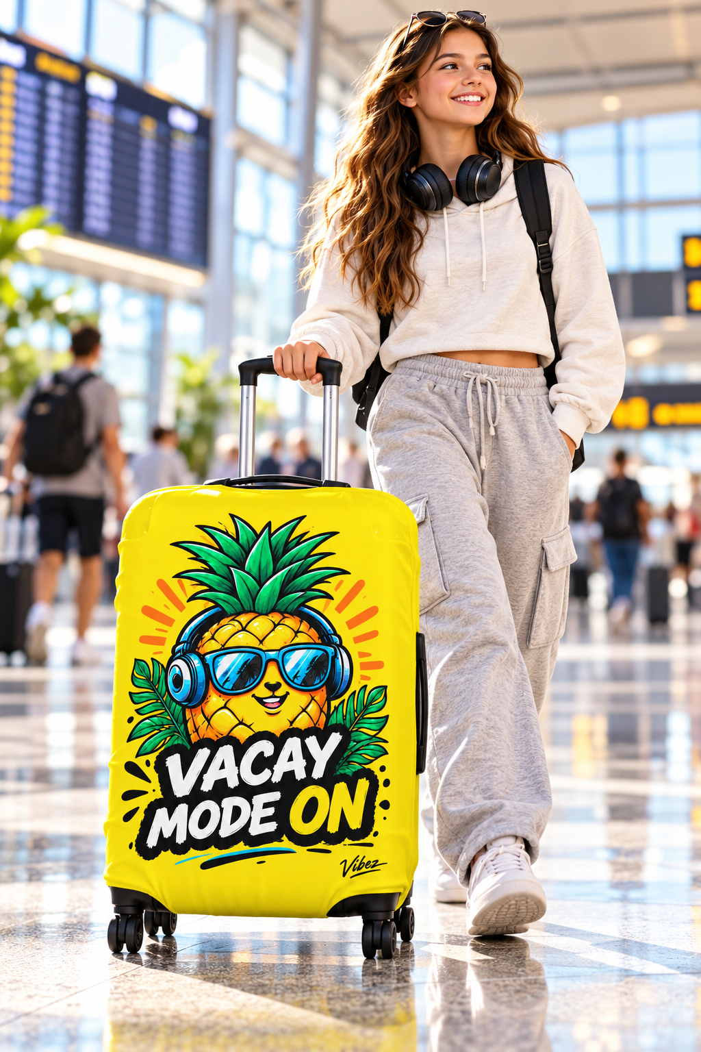 Pineapple "Vacay Mode On" Luggage Cover | Bright Yellow Suitcase Protector