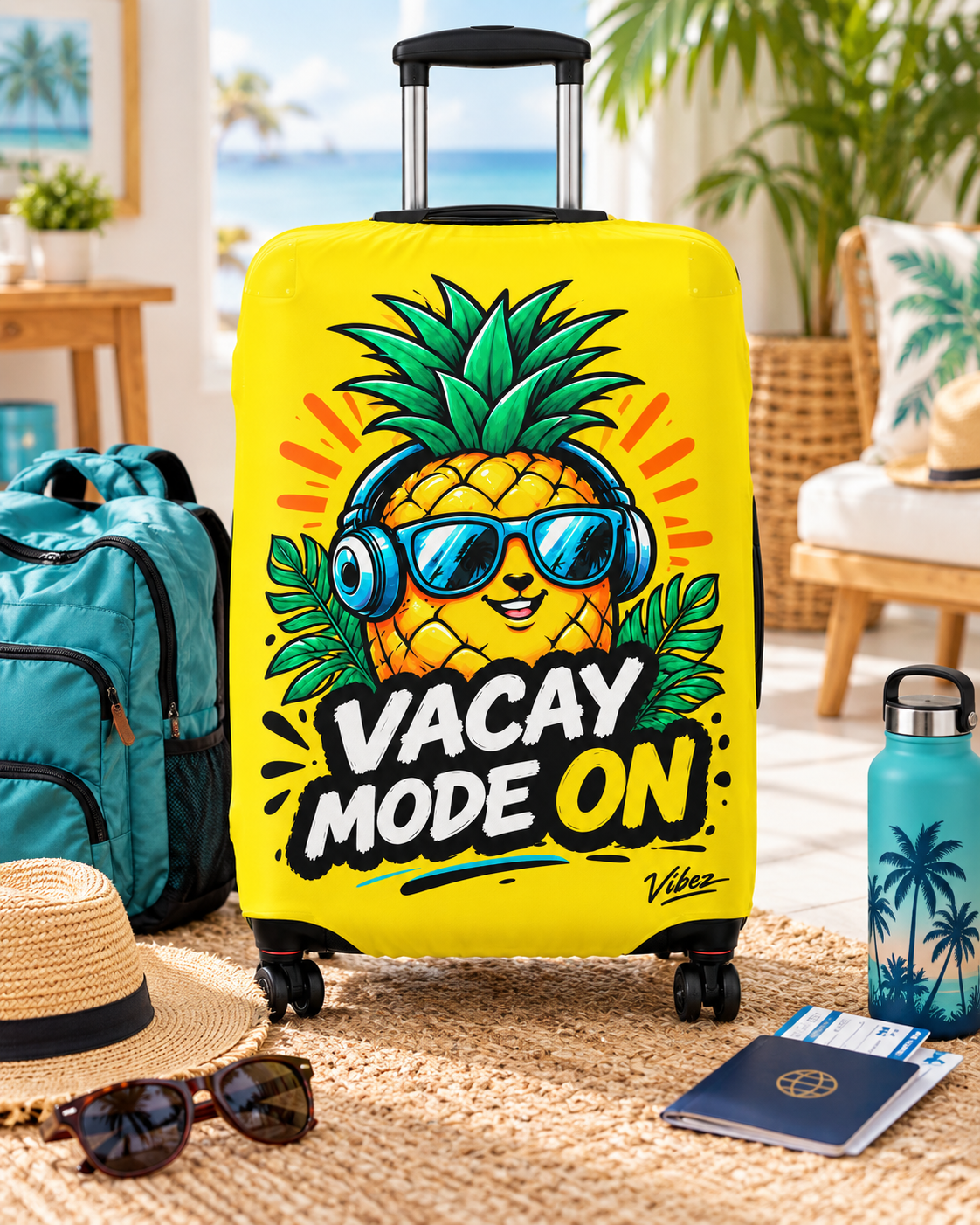 Pineapple "Vacay Mode On" Luggage Cover | Bright Yellow Suitcase Protector