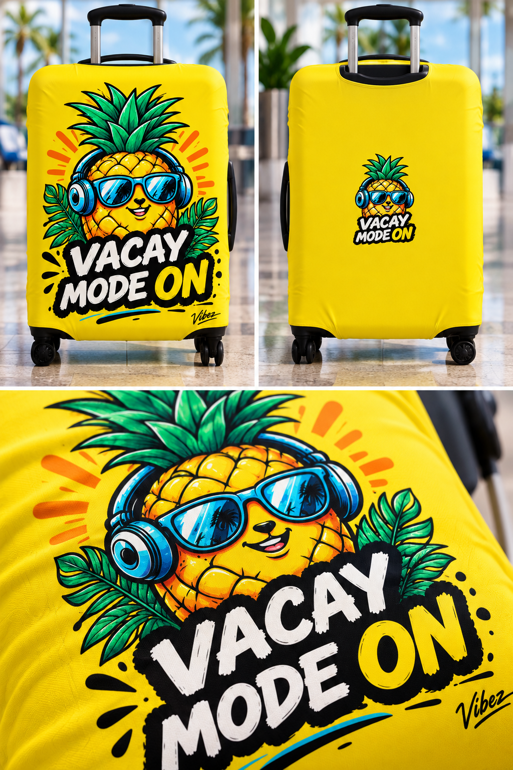 Pineapple "Vacay Mode On" Luggage Cover | Bright Yellow Suitcase Protector