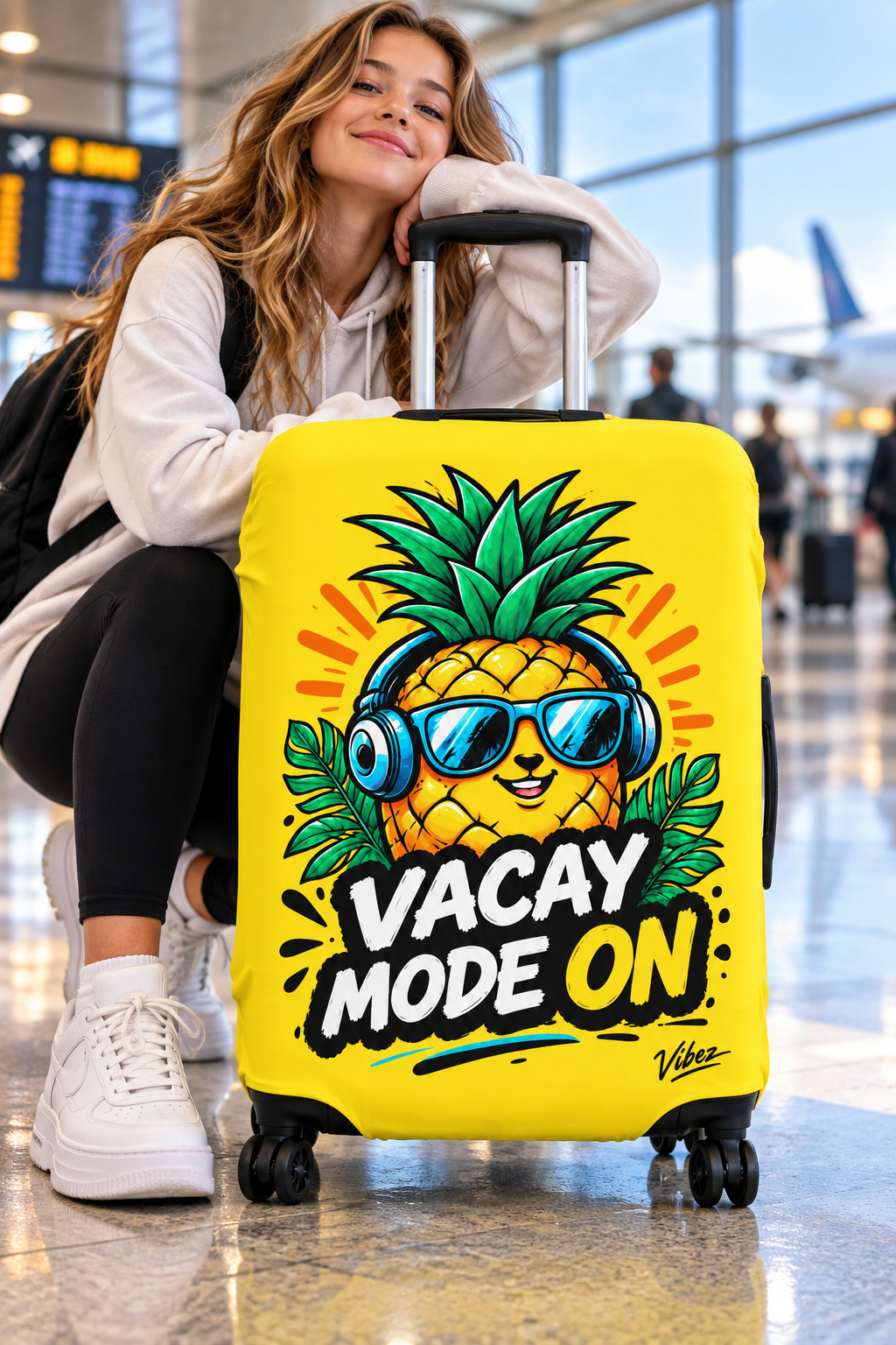 Pineapple "Vacay Mode On" Luggage Cover | Bright Yellow Suitcase Protector