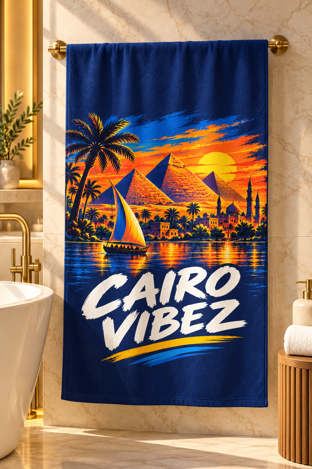 Cairo Vibez beach towel | Pyramids sunset sailboat palm trees