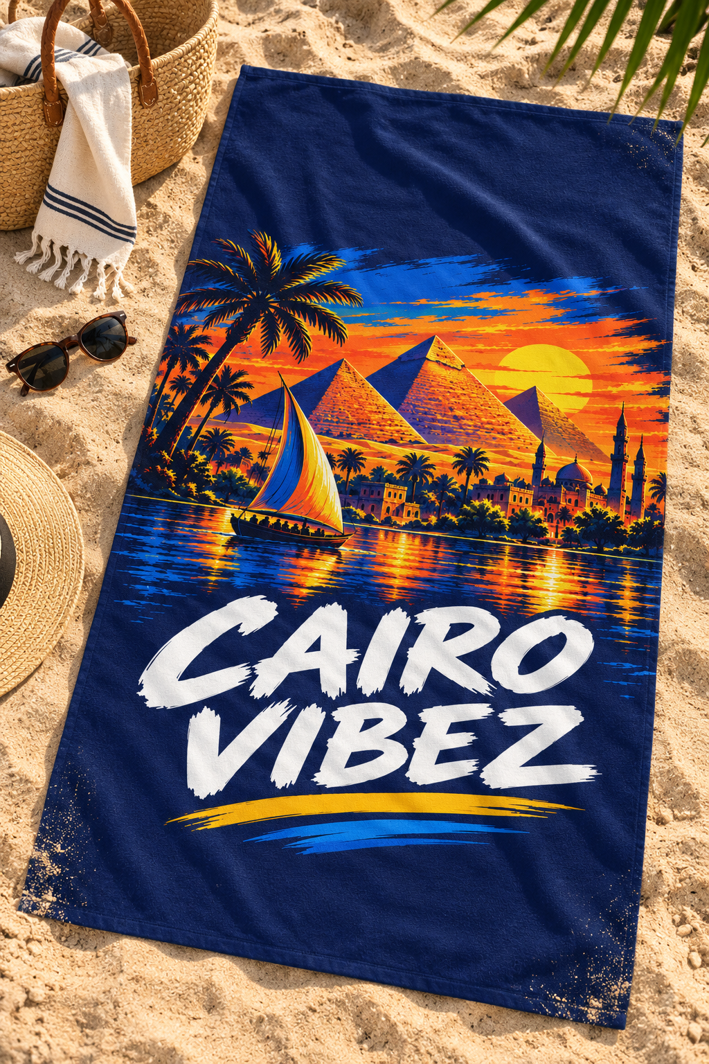 Cairo Vibez beach towel | Pyramids sunset sailboat palm trees