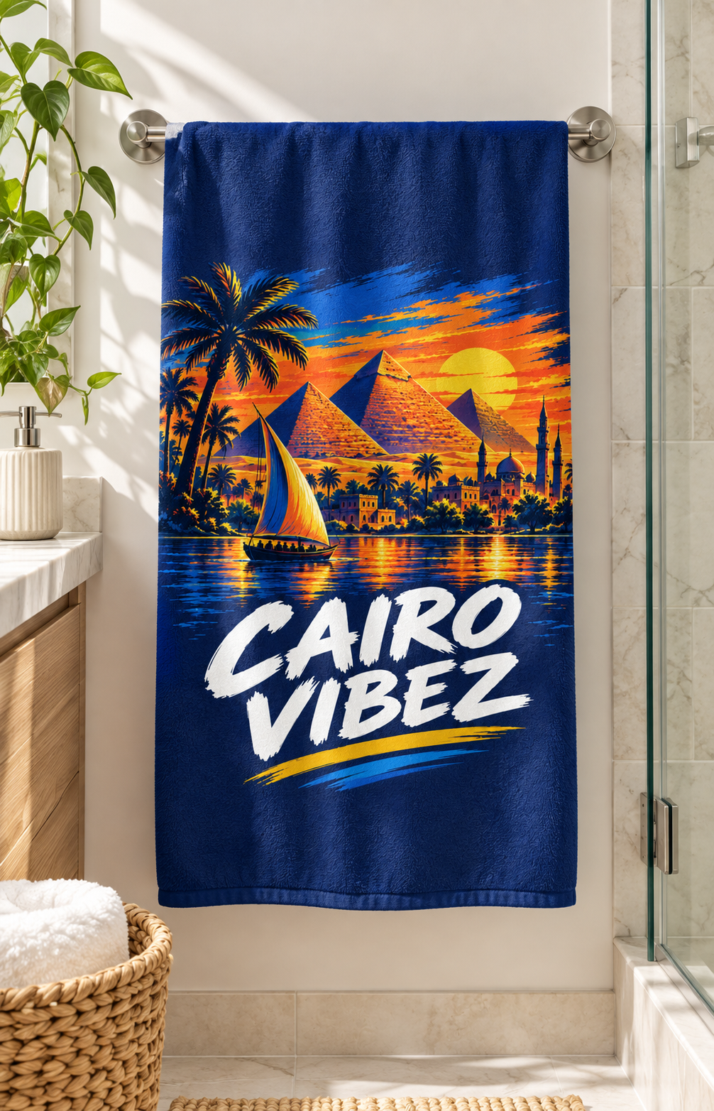 Cairo Vibez beach towel | Pyramids sunset sailboat palm trees