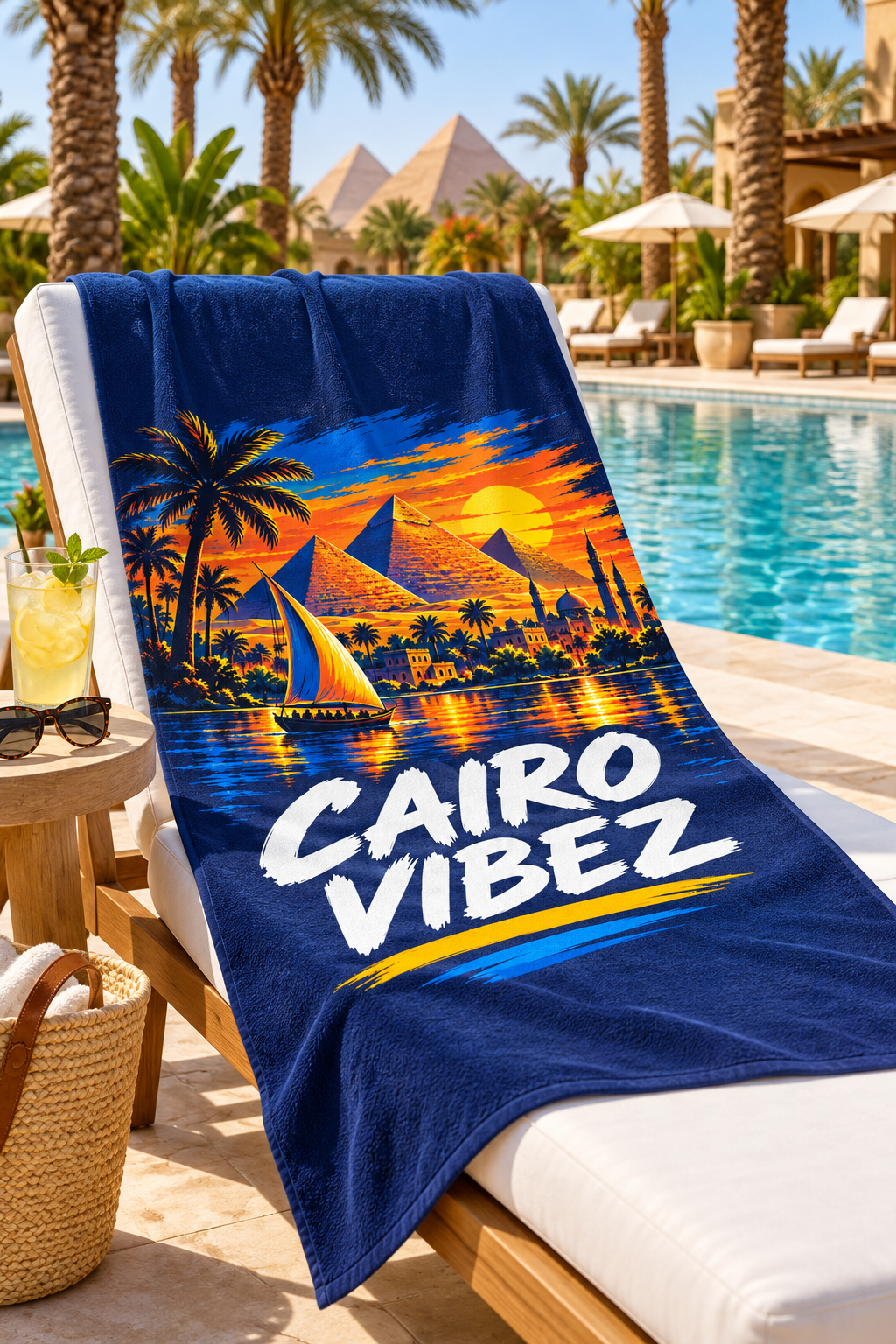 Cairo Vibez beach towel | Pyramids sunset sailboat palm trees