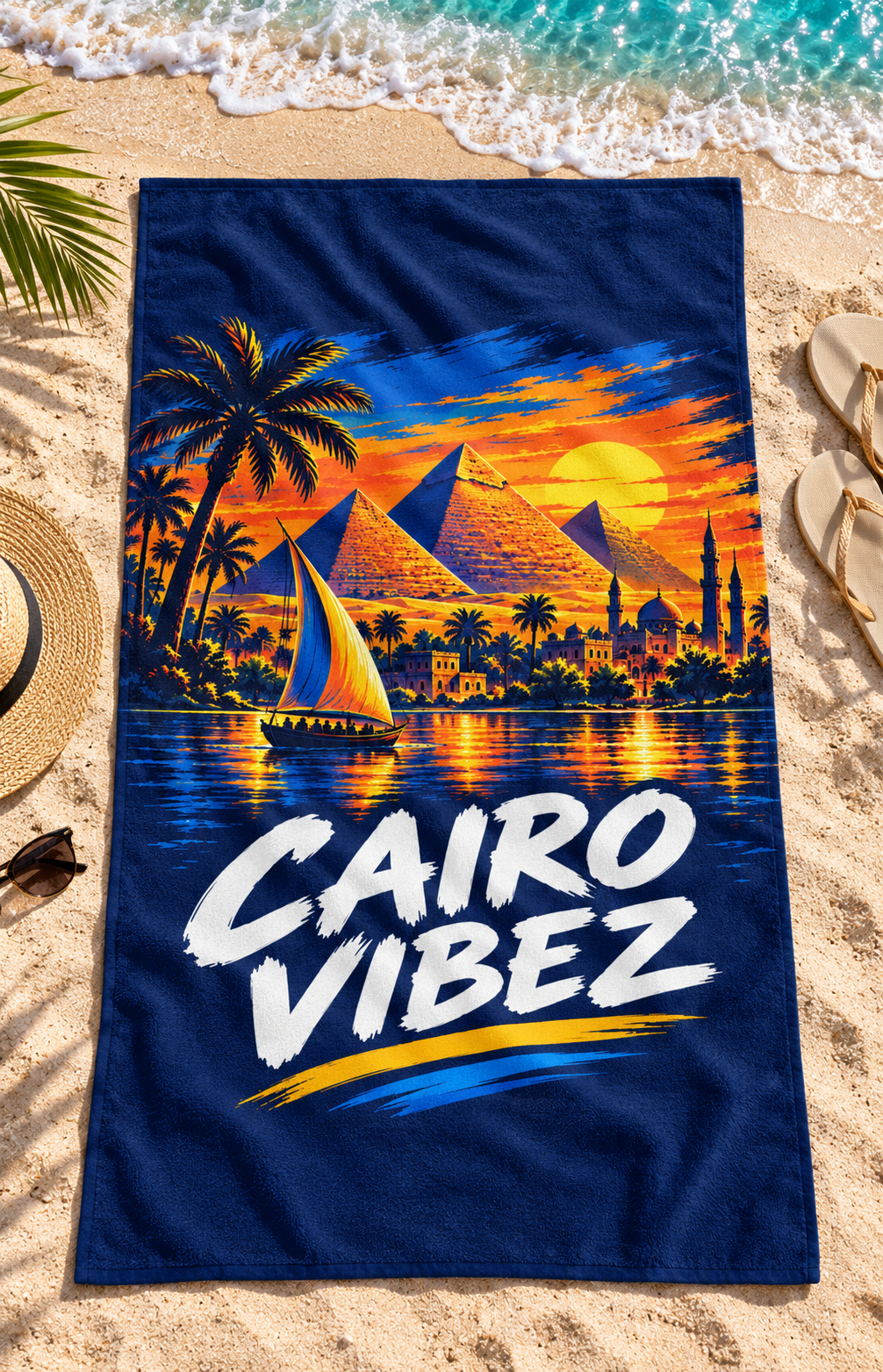 Cairo Vibez beach towel | Pyramids sunset sailboat palm trees