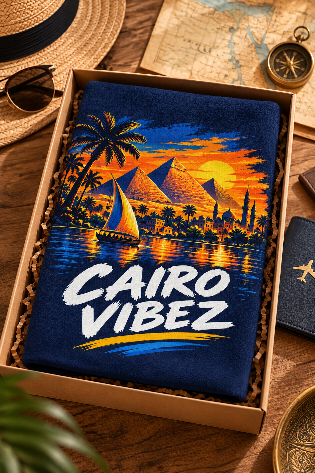 Cairo Vibez beach towel | Pyramids sunset sailboat palm trees