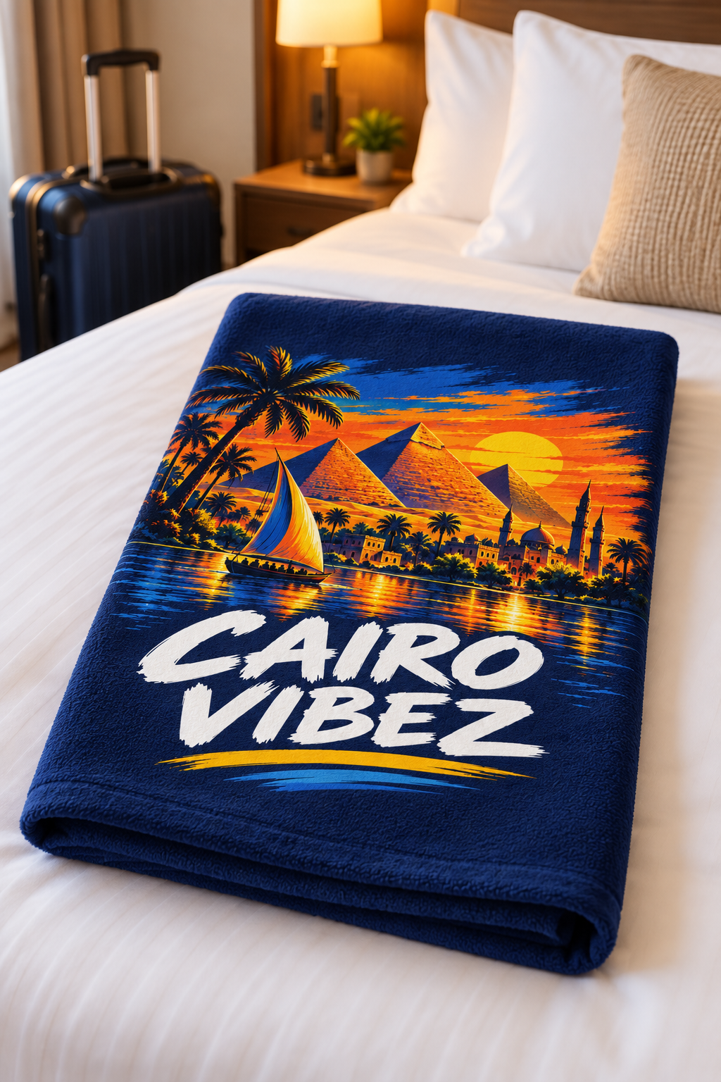 Cairo Vibez beach towel | Pyramids sunset sailboat palm trees