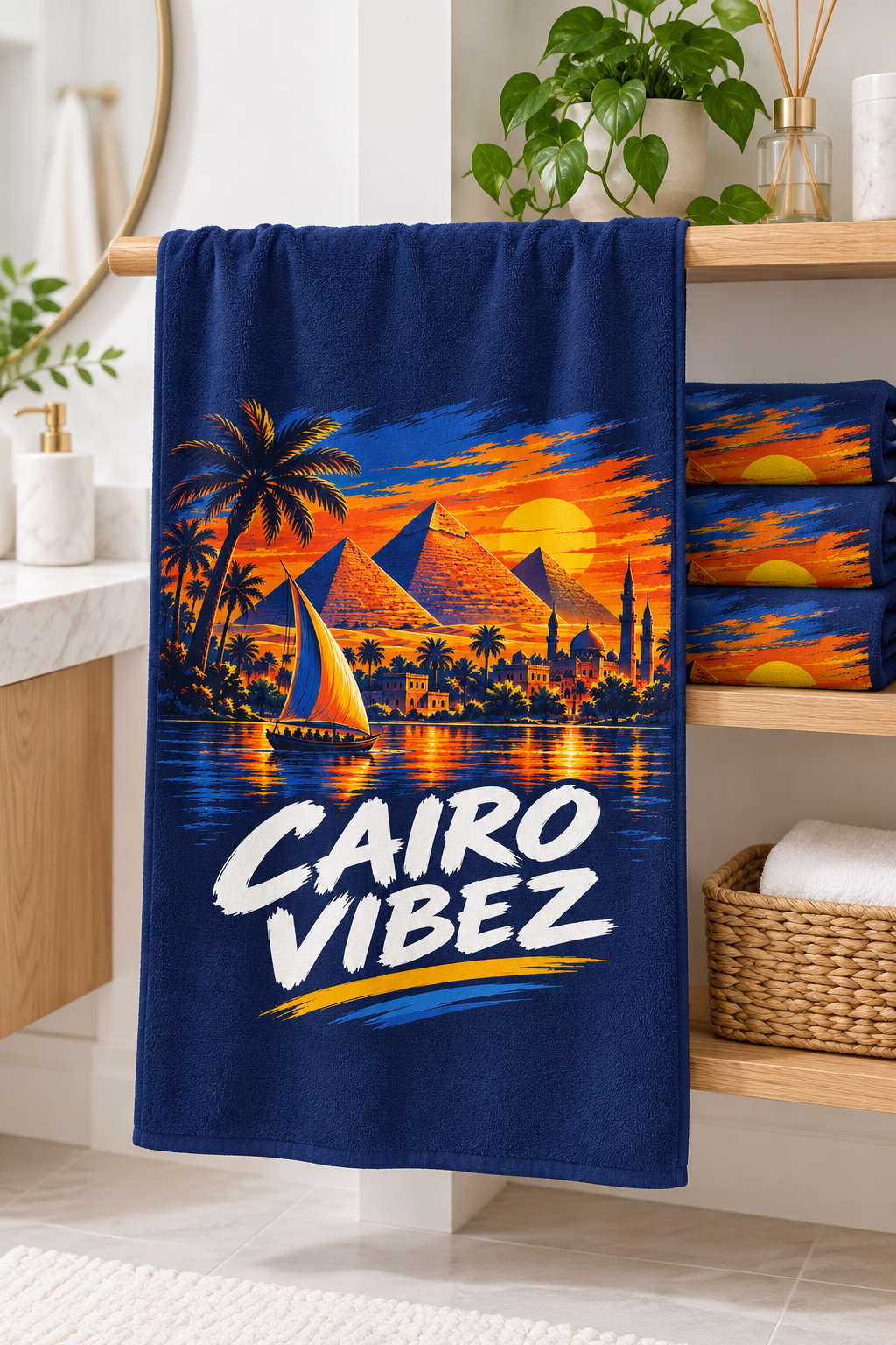 Cairo Vibez beach towel | Pyramids sunset sailboat palm trees