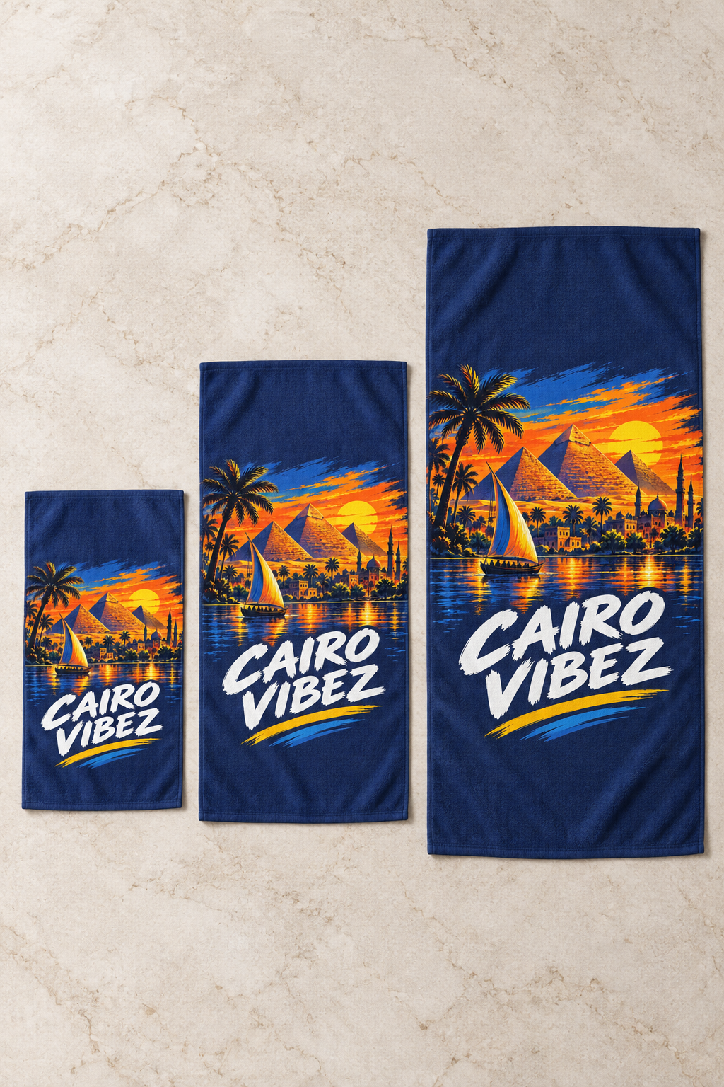 Cairo Vibez beach towel | Pyramids sunset sailboat palm trees