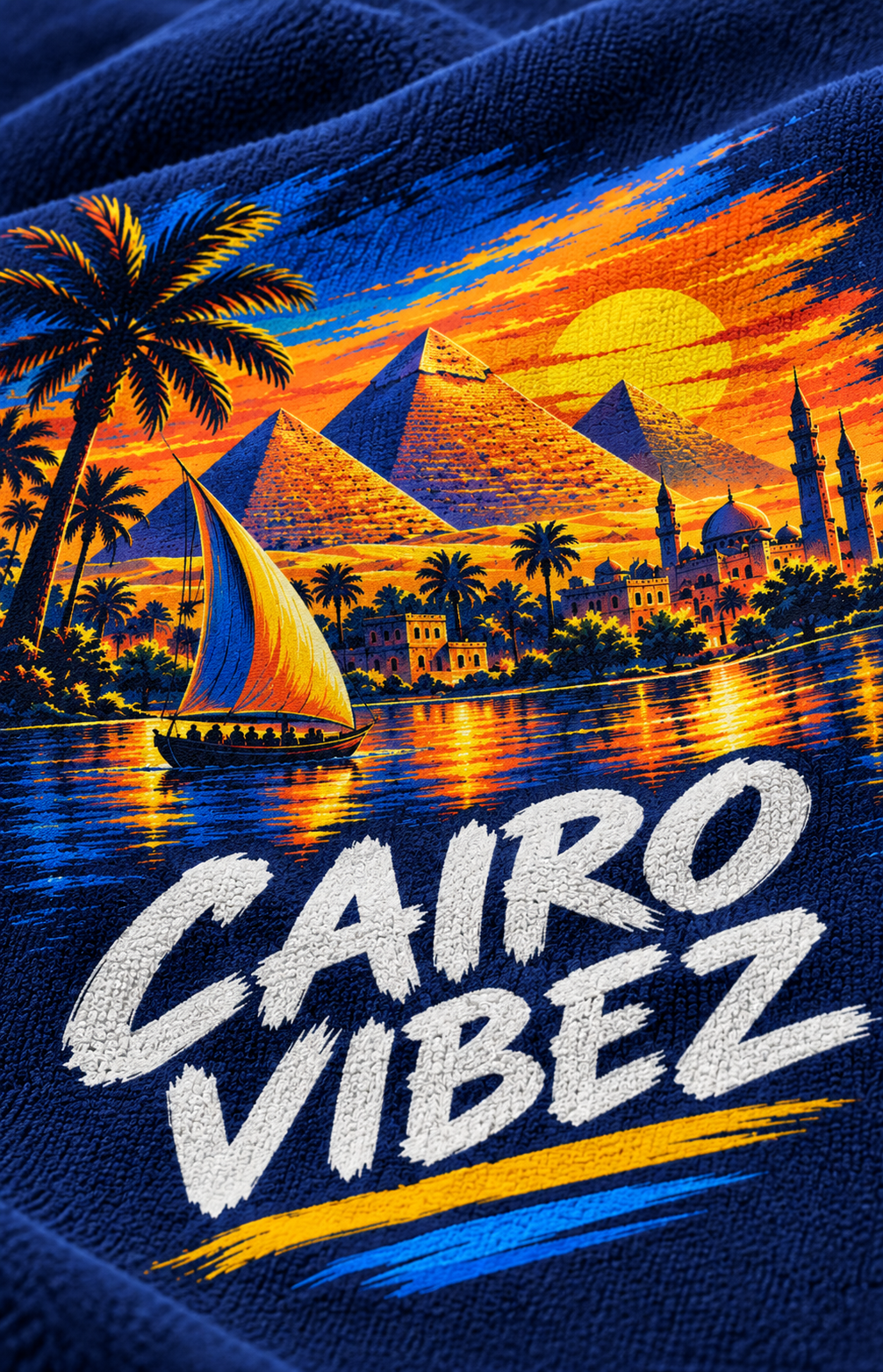 Cairo Vibez beach towel | Pyramids sunset sailboat palm trees