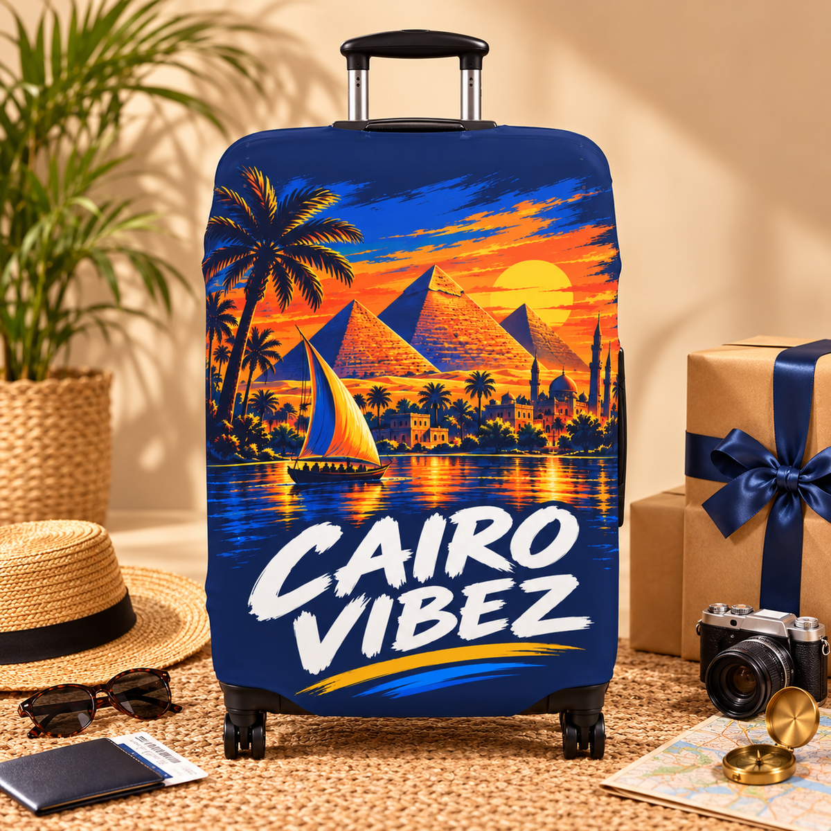 Cairo Vibez Luggage Cover | Egypt Pyramids Sunset Travel Accessory