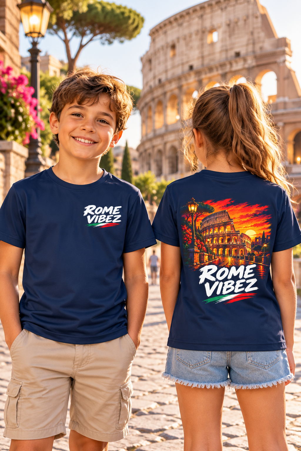 Rome Vibez Kids Jersey | Colosseum Sunset Graphic, Italian Flag Accent