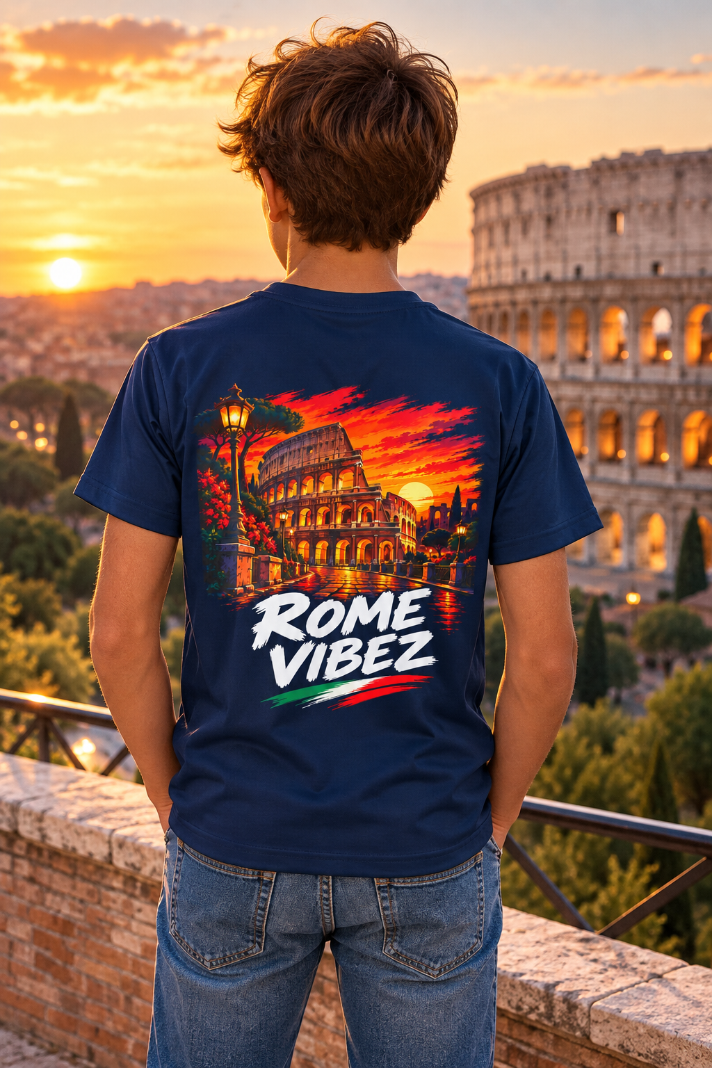 Rome Vibez Kids Jersey | Colosseum Sunset Graphic, Italian Flag Accent