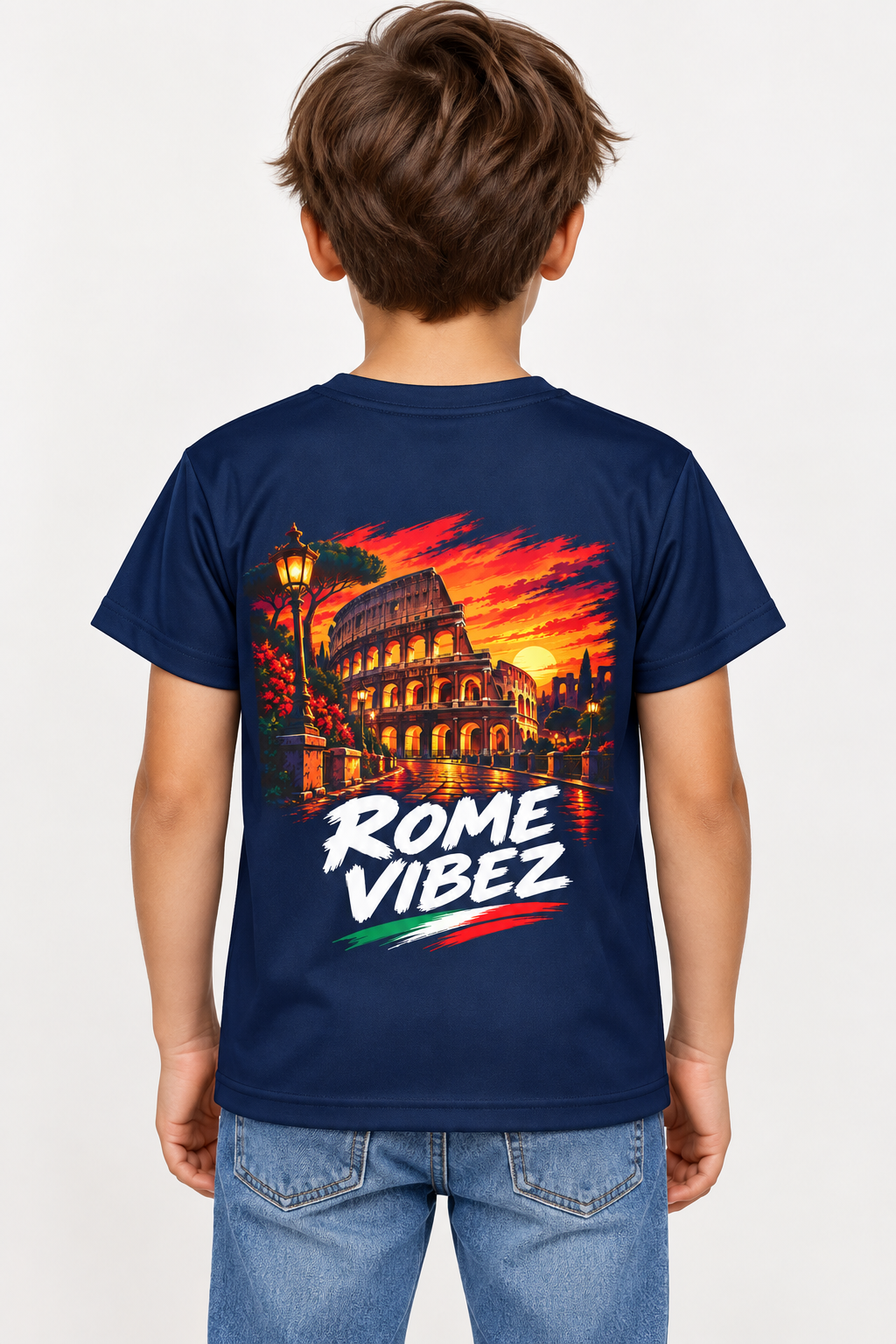 Rome Vibez Kids Jersey | Colosseum Sunset Graphic, Italian Flag Accent